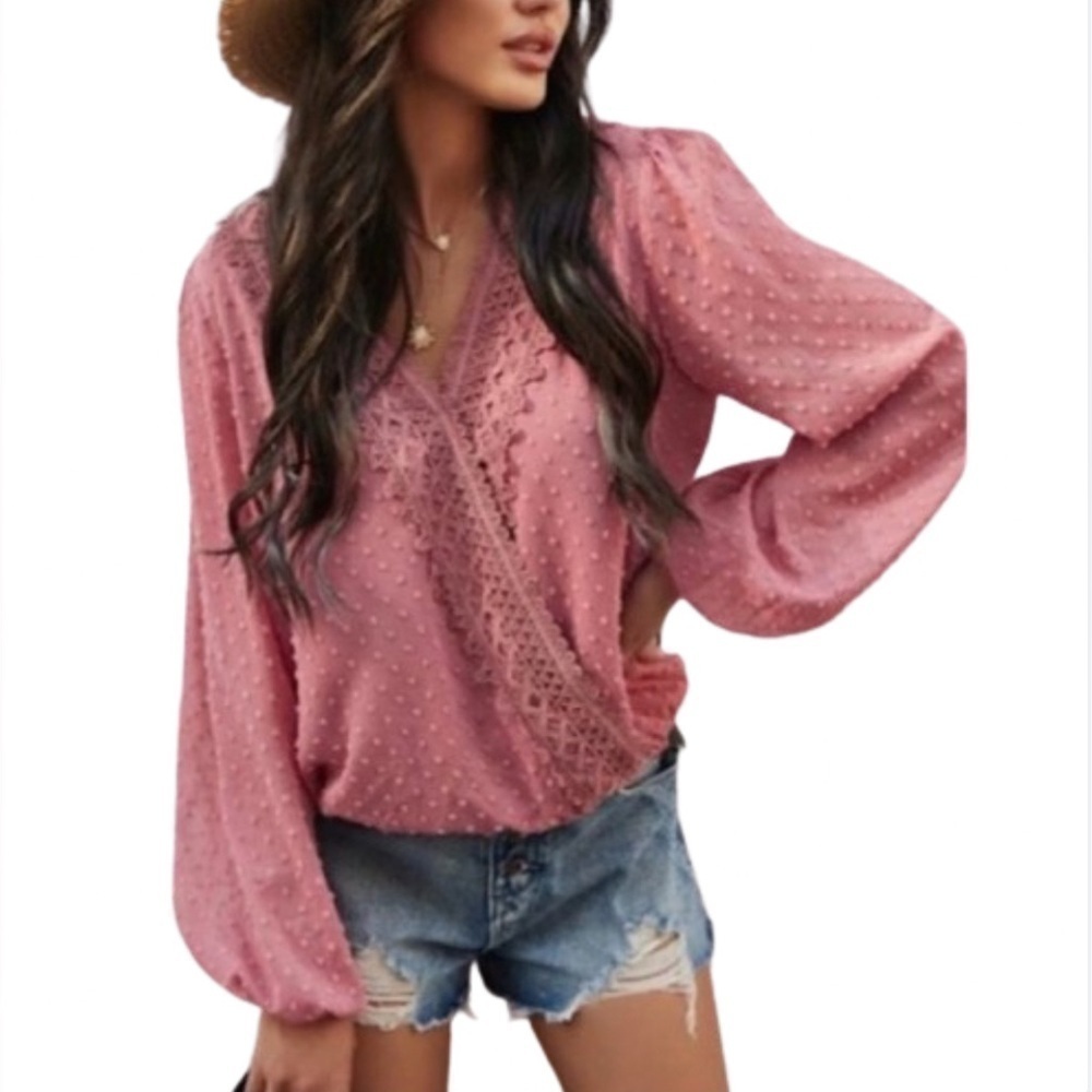 Miss Sparkling Pink Mauve Boho Lace Embroidered Dot Surplice Blouse Medium